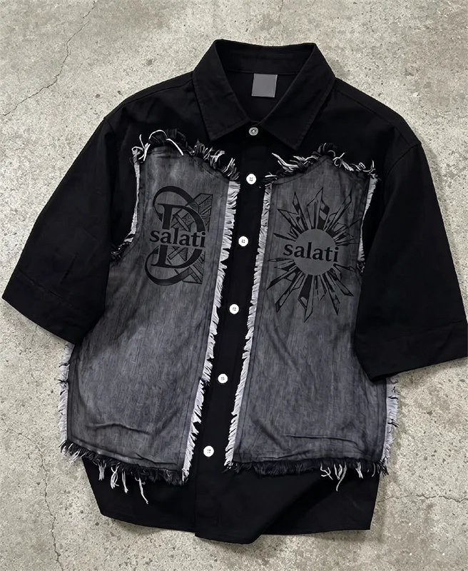 Men Y2K Denim Patchwork Shirt Frayed Graphic Print Short Sleeve Streetwear Casual Button up gallery 7