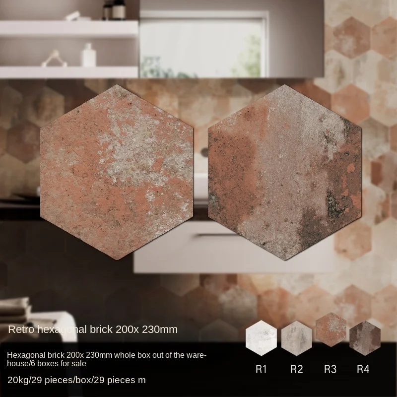 Clay Brick American Retro Hexagonal Tile Red Brick Wall in Bathroom and Kitchen Balcony Anti Slip Floor Tiles