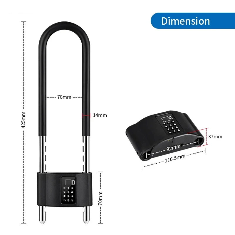 Electronic Smart U Shape Fingerprint Lock with Tuya APP Motorcycles Office Home Anti Theft Fingerprint Lock
