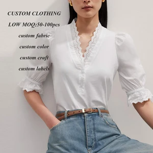 Oen Stop Custom Short Puff Sleeve Blouses Tops v Neck Ladies Lace Embroidery Edge Layering 100% Cotton White Blouse for Women