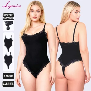 LYNMISS Lace Backless Bodysuit Plunge Body Suits with Built in Bra Lace Shapewear Bodysuit for Women Soft Shaper