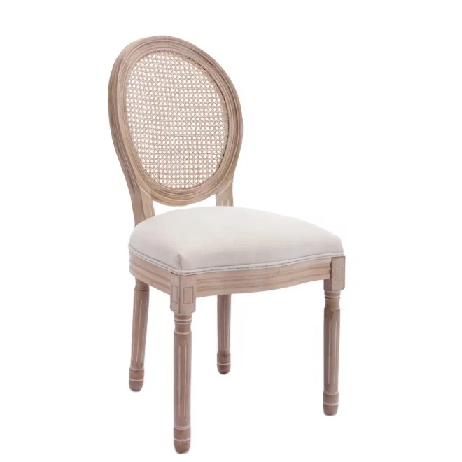 Dining Chair French Round Back Hexagonal Rattan Woven Soft Padded Wooden Chair Solid Wood Frame Wedding Restaurant Chair