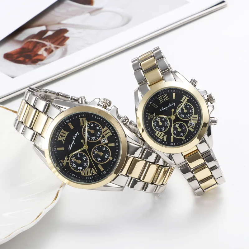 MK Style Two Tone Gold Color Quartz Movement Stainless Steel case Back Man and Lady Pair Couple Watch