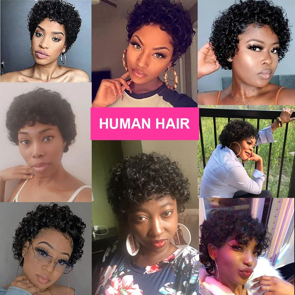 Kurze lockige Perücke aus menschlichem Haar, brasilianisches Remy-Menschenhaar, kurze Perücken im Pixie-Schnitt, weich, billig, kostenloser Versand für schwarze Frauen_voghion.com