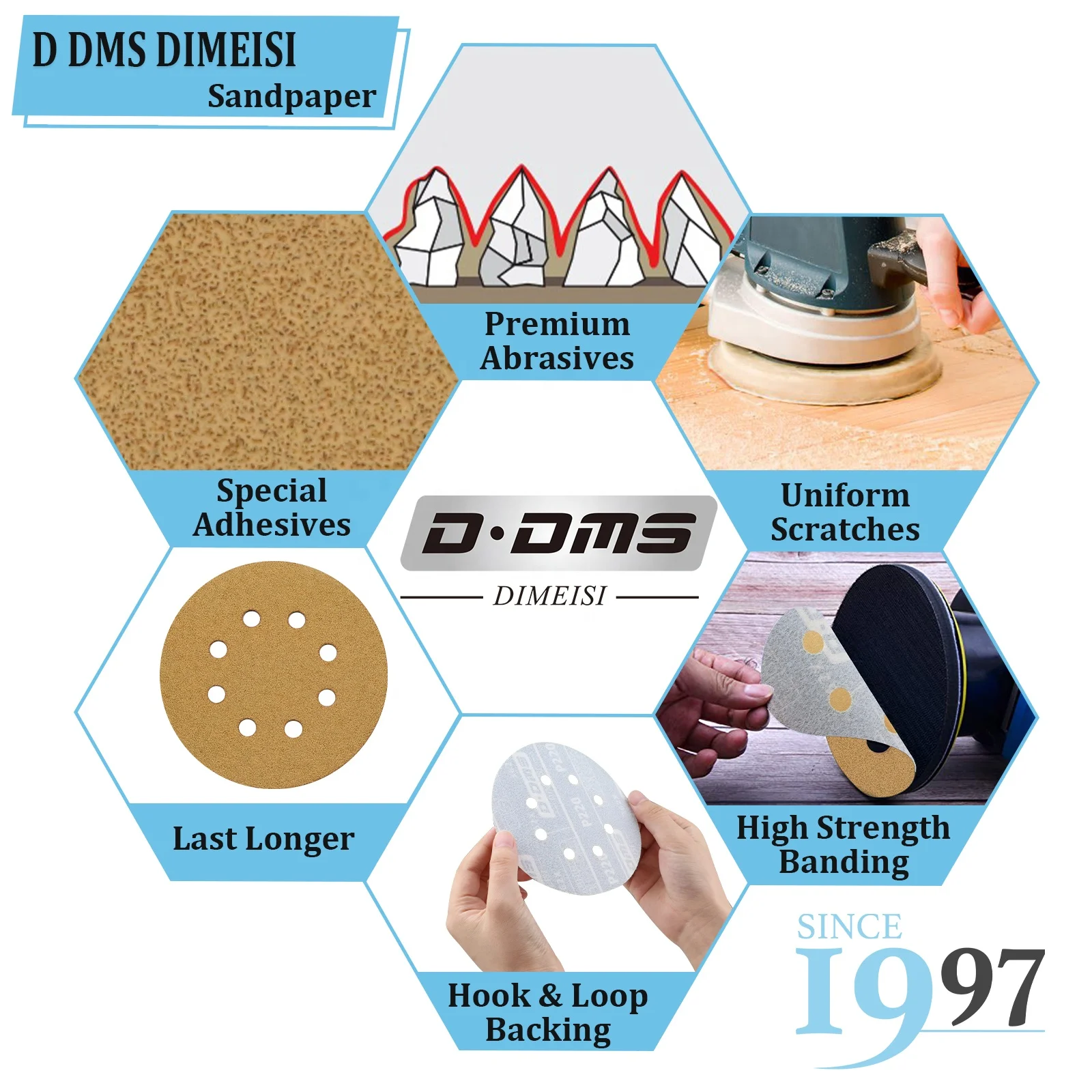 D DMS DIMEISI 362X Factory Cheap Prices 220 Grit 50pcs Per Box 125mm Hook and Loop Orbital Sanding Paper