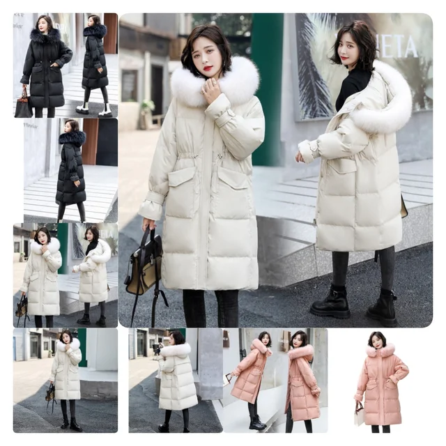 Natural goose down winter jacket for women with luxury fur hood/ Classic silhouette ladies winter zipper coat for cold weather