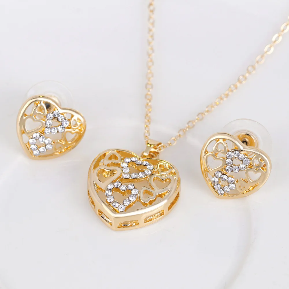 4 Pcs Cute Heart Shaped Necklace Earrings Sets Jewelry Crystal