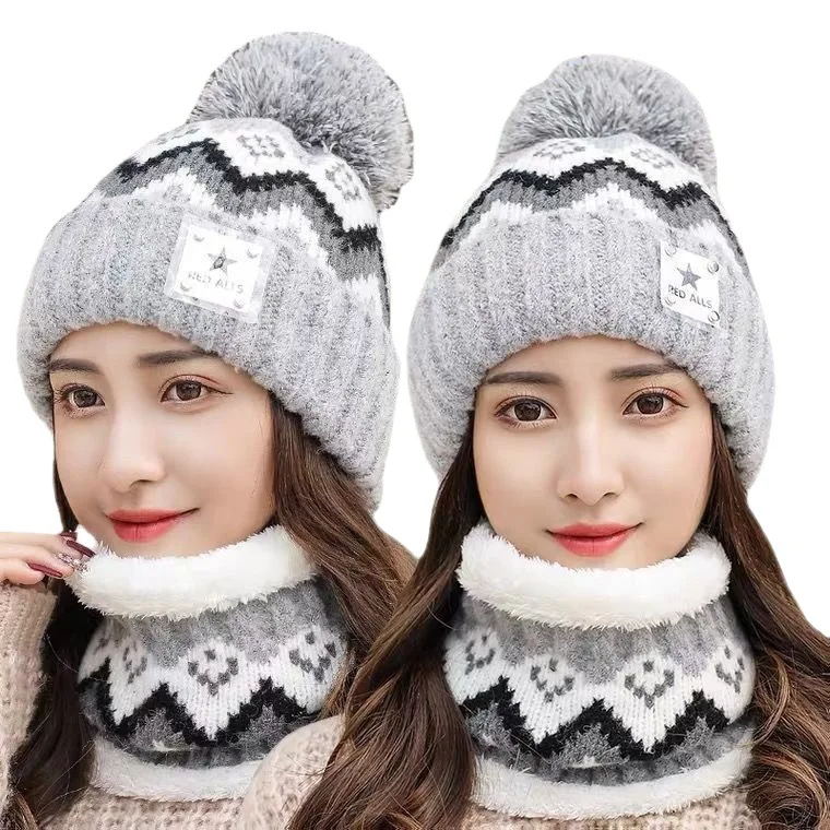 New Warm Winter Pom Beanies Hat & Scarf Set Thicken Knit Hat Cycling ...