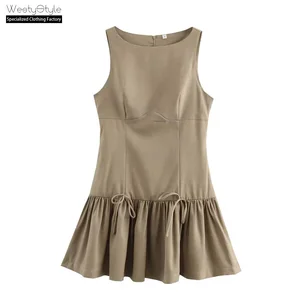 Women's Summer Sleeveless Short Dress European American Style Five-Color Bow Cross-Border INS Natural Plain Dyed Solid Washable