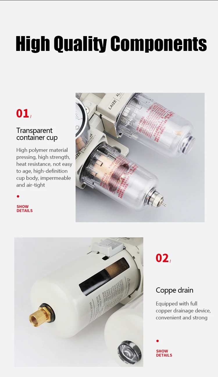 LAIZE Pneumatische FRL-Einheit Luftfilter-Regler-Schmierstoffgeber AC2010 3010 4010 5010 mit automatischer und manueller Entleerung – Detail 7