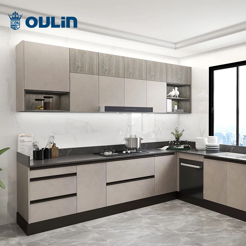 Modern Minimalist Gray Kitchen Solid Wood Pellet Kitchen Cabinet Modular