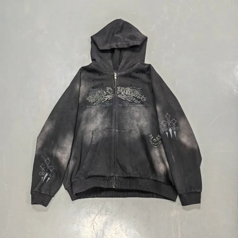 Custom Logo Embroidery Washed French Terry Black Heavyweight Acid Wash Distressed Zip up Jacket Hoodie Men