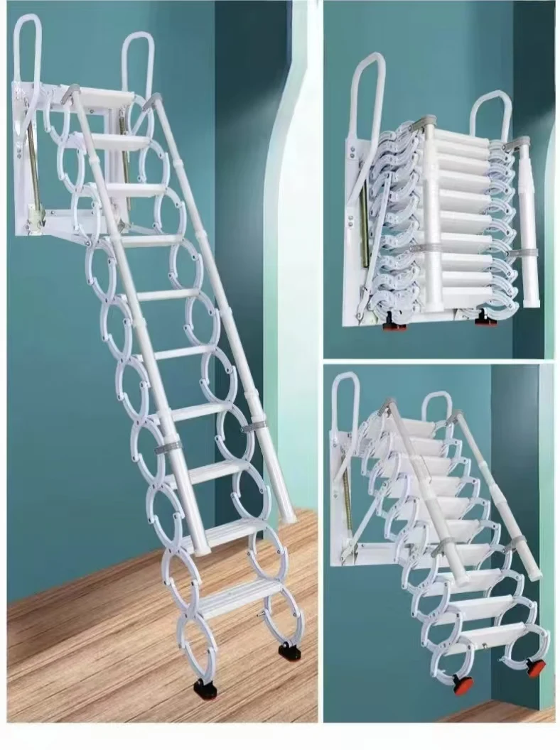 Wall-Mounted Folding Stairs Folding Loft Staircase with Handrails ...
