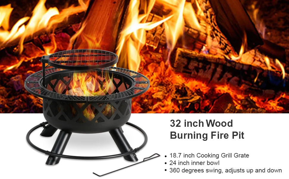 32 Inch Outdoor Backyard Patio Fire Pit Black Wood Burning Fire Pit  BBQ Grill Charcoal