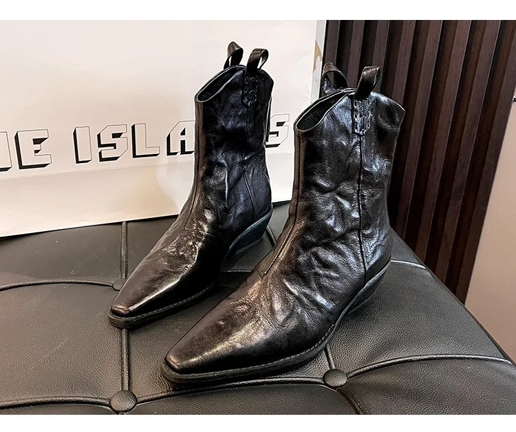 2024 New Style Leather Cowboy Western Boot Pointed Toe Thick Heel Chealsea Ankle Boots For Women - Image 6