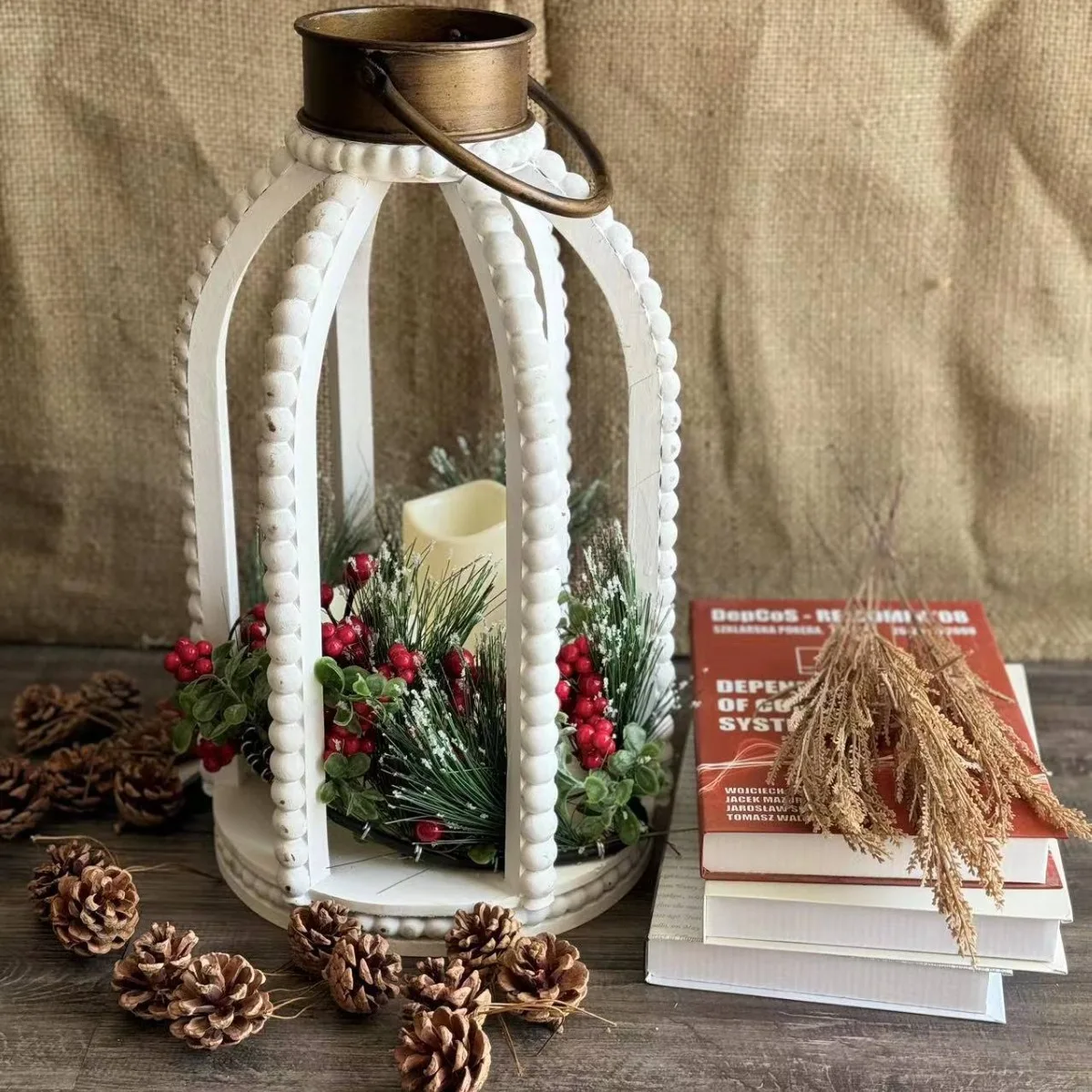 Vintage Distressed White Iron Decorative Beaded Lantern Set Candle Lanterns  Iron Design Decor, image size:1199x1199