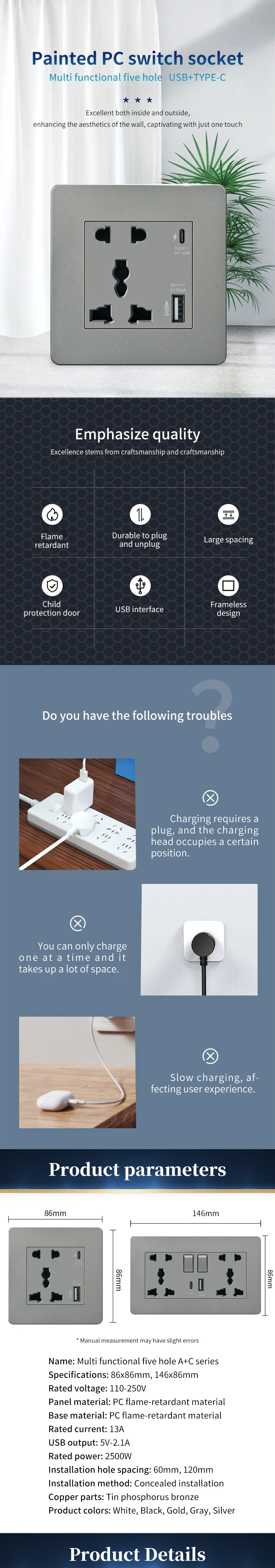 High Quality Universal Socket Switch Type C Usb Socket Modern 13a