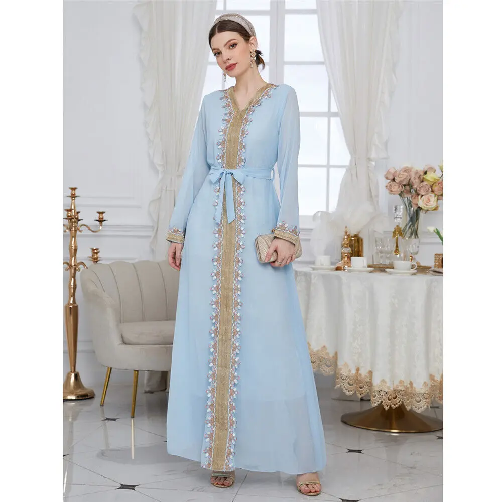 Fashion Muslim Women's Long Sleeve Dress Pleated Maxi Gown Dubai Kaftan Robe