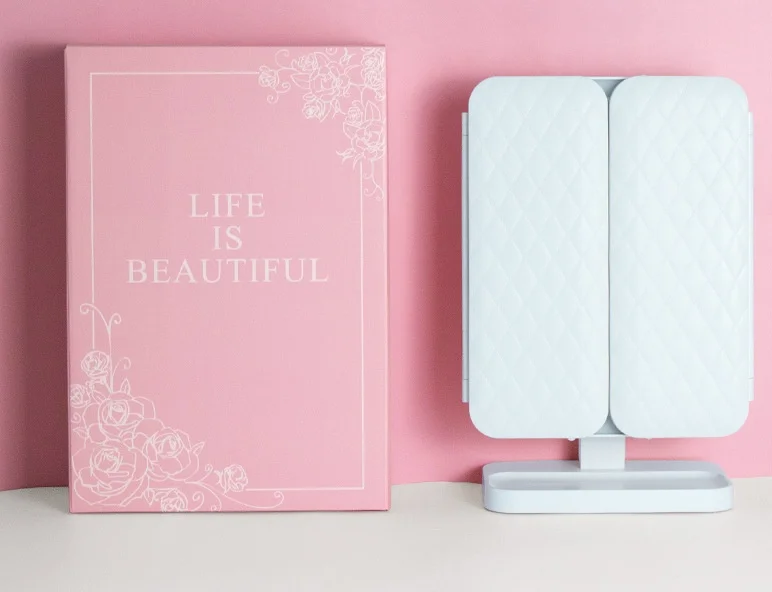 Hopfällbar sminkspegel LED-ljus 3-tonsljus sminkspegel 2X/3X förstoringsglas 360 graders justerbar uppladdningsbar