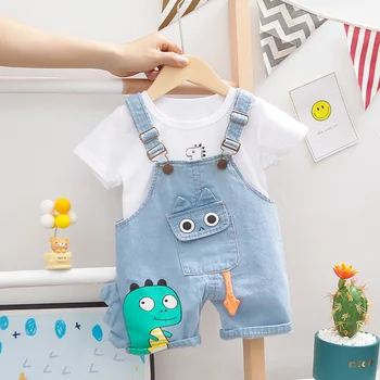 New design kids clothes baby cartoon dinosaur overalls suit 0-5 years old male and female baby suit two-piece