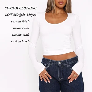 Manufacturer Oem New Style Slim Fit U Neck Y2k Long Sleeve t Shirt Women Custom logo Print Solid Color Crop Plain White t Shirt