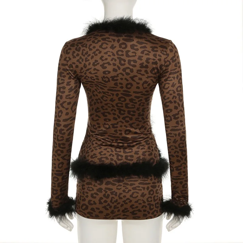 Leopard Fashion Furry Patchwork Cheetah Print Cardigan Long Sleeve Crop Top Mini Skirt