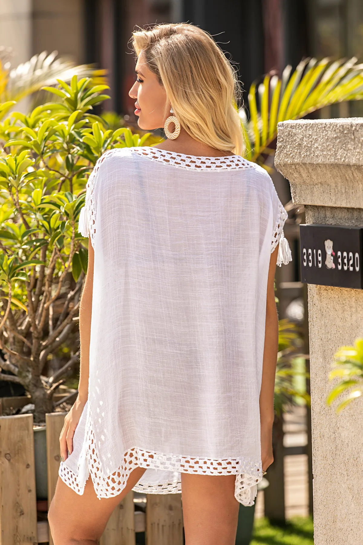 Generisch Abito da spiaggia da donna, estivo, poncho corto, bikini copertina, a maniche lunghe, abito da spiaggia, stile boho, tunica, scollo a V, leggero, poncho da spiaggia, caffè, L