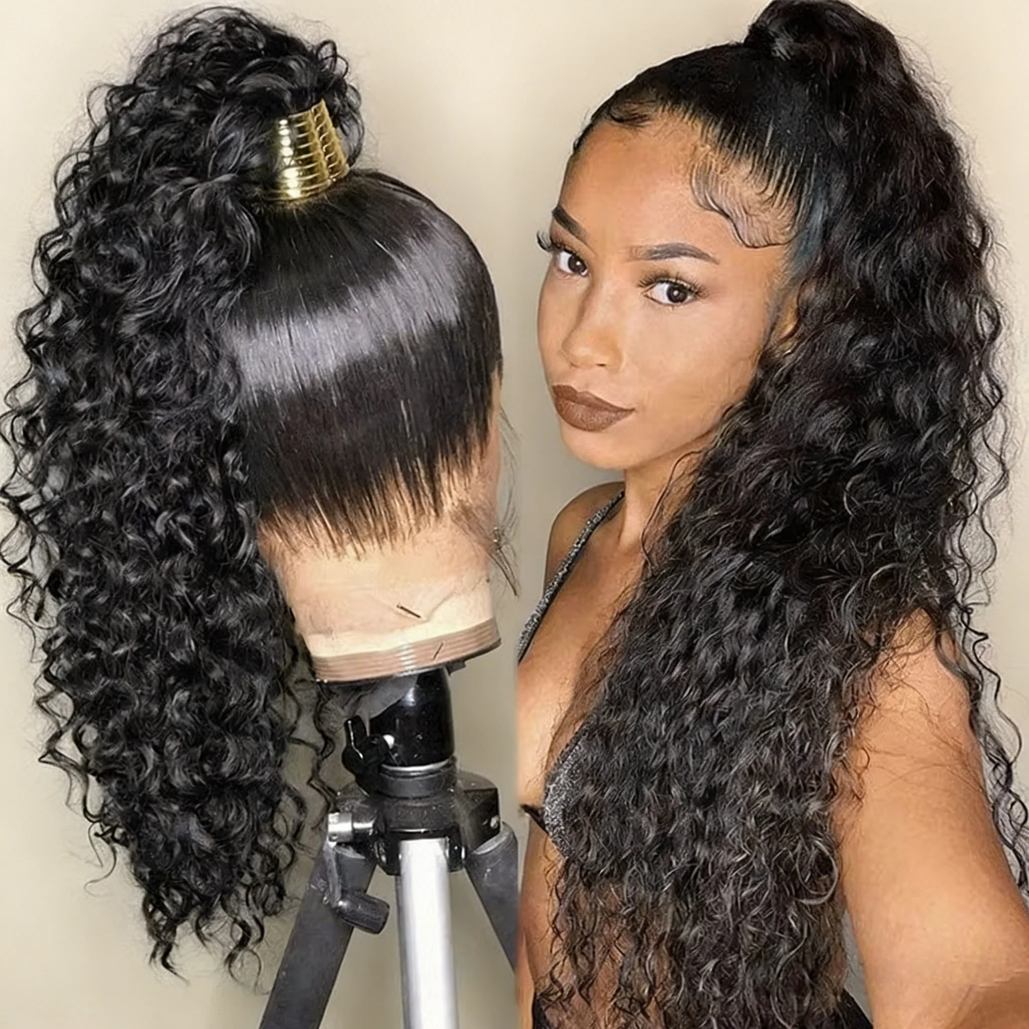 200% Density 100% Virgin Remy Human Hair for Lace Front Transparent Lace Wig 18 Inch Tall Bun Glueless Long Curly Full Lace