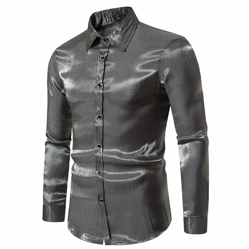 Hemden für Herren, ausgefallenes, langärmliges Hemd, glänzendes Seidensatin, metallisches Button-Down-Hemd, Rave-Disco-Party-Club-Hemd Tops360_voghion.com