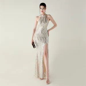 New Women's Evening Gown, Luxurious and Fashionable Sequin Accessories, Halter Neck, High Slit, Mermaid Style