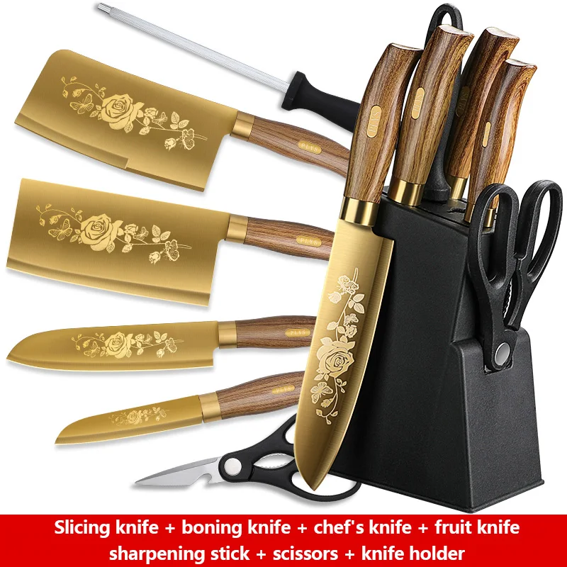 Knife Sets, Golden Titanium Stainless Steel Kitchen Knife Block