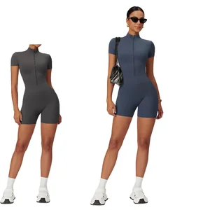 Women's Zippered Yoga Shorts Jumpsuit 8-Color Solid Athletic Bodysuit Cut Backless Padded Workout Playsuit One Skinny Spring