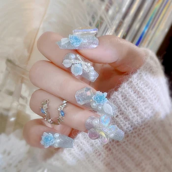 New Chinese style Wear nail art piece box blue peony false nail wholesale butterfly gentle nail art