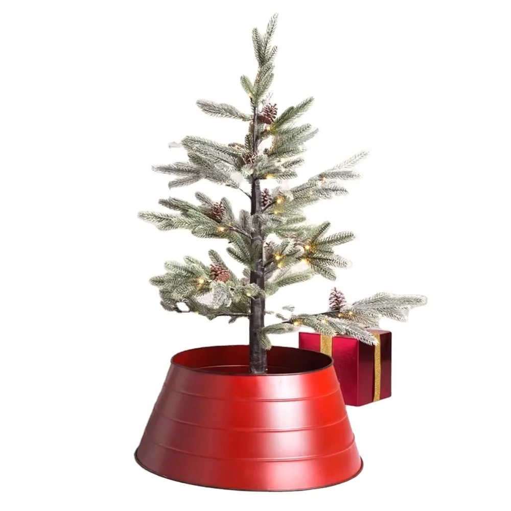 Деревенская Красная рождественская елка воротник дерево Базовое покрытие металлическая юбка с декоративными кольцами на Рождество
