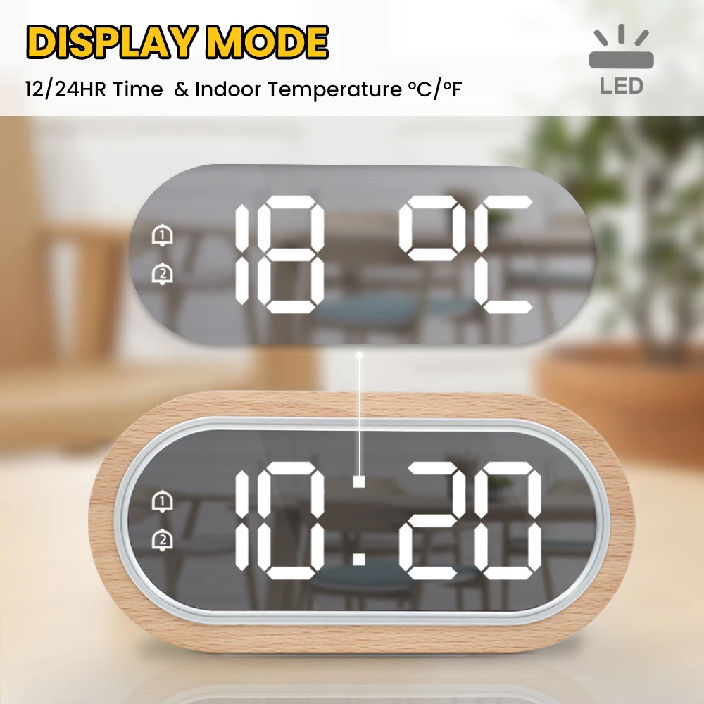 Alarm Clock LED Mirror Digital Wooden Thermometer Hygrometer Electronic Temperature Humidity Meter with Snooze USB Charger Clock