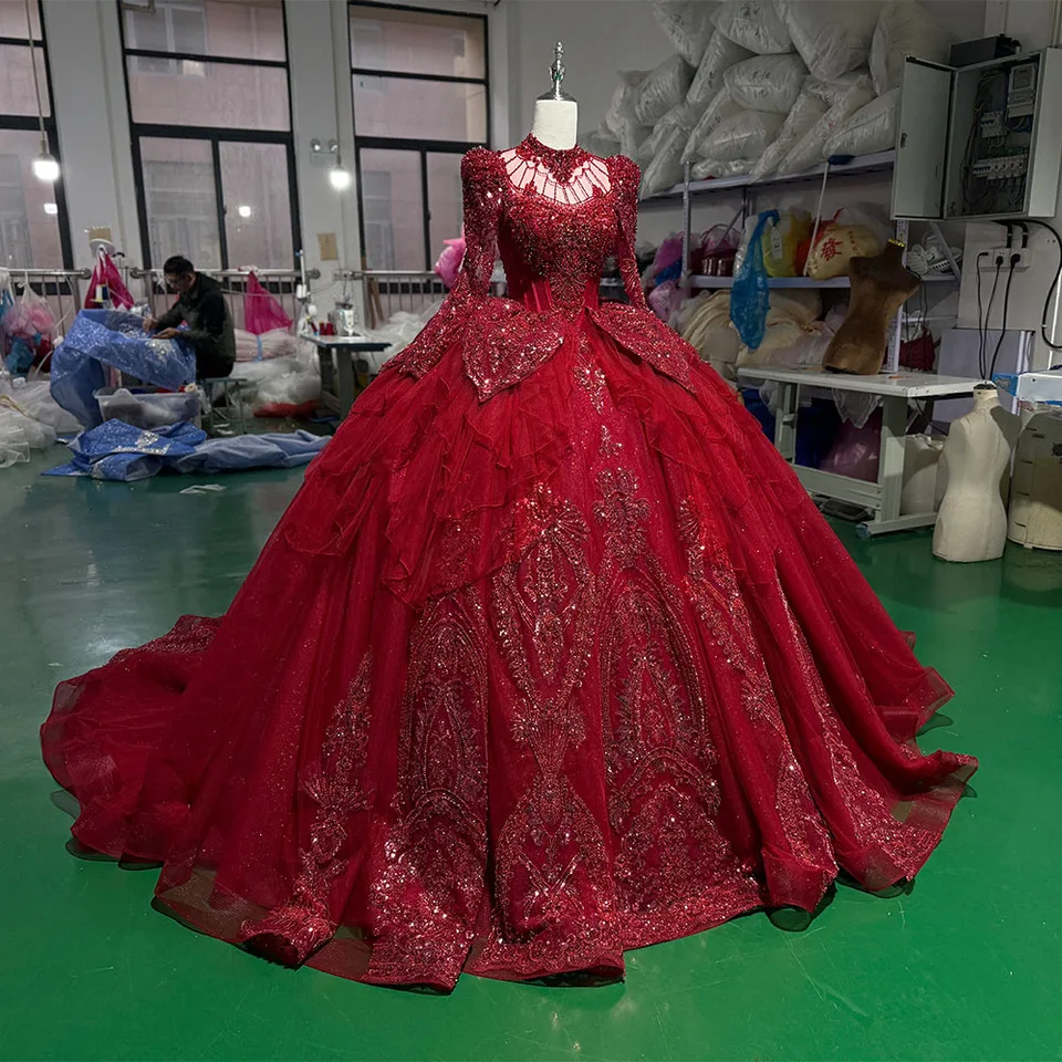 Customized Red Wedding Dresses Ball Gown Long Sleeves 2025 Princess Lace  Bridal Dress Beading Vestidos De Novia