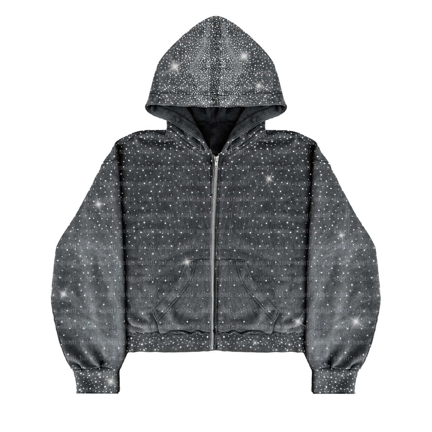 Salati Supplier Bling Glitter Oversized All Over Diamond Printed Boxy Rhinestone Stone Faded Acid Wash Sweatshirt Men's Hoodies