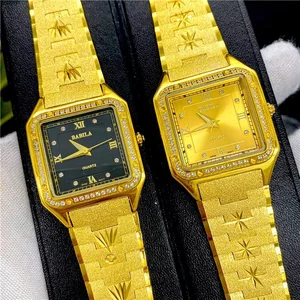 New Luxury  24K Gold Men Watches Square Big Dial European Retro Carved  Diamonds Crystal Brass Band High End Quartz Watches