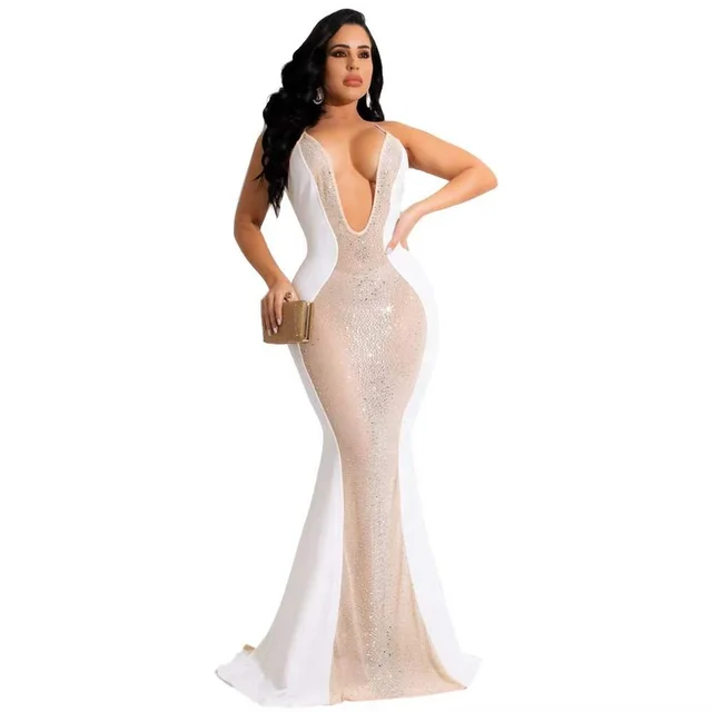 High quality deep v neck patchwork mesh rhinestone dress sexy women elegant evening dress nightclub wear ladies maxi dress - Image 3