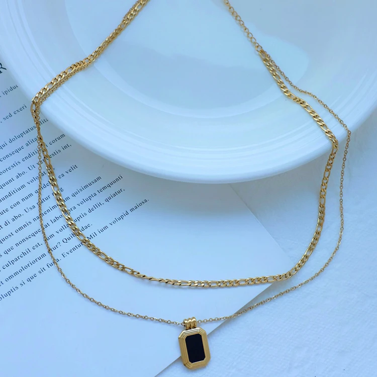 Tarnish Free Stainless Steel 18K Gold Plated Figaro Chain Mother of Pearl  Shell Pendant Layered Necklace Jewelry