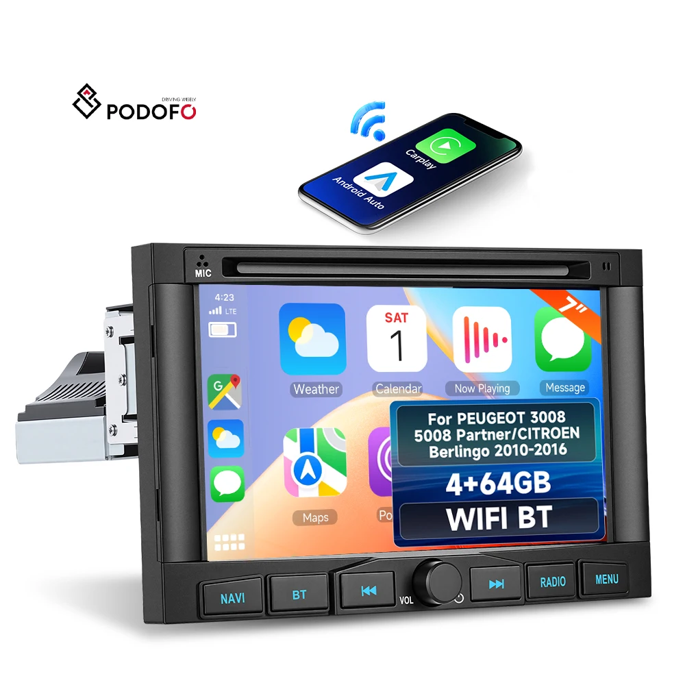Podofo Android-радіоприймач для автомобіля, 7'', 4+64 ГБ, для PEUGEOT 3008/CITROEN Berlingo 2010–2016, CarPlay, Android Auto, GPS, WiFi, BT, автостереосистема OEM A4699