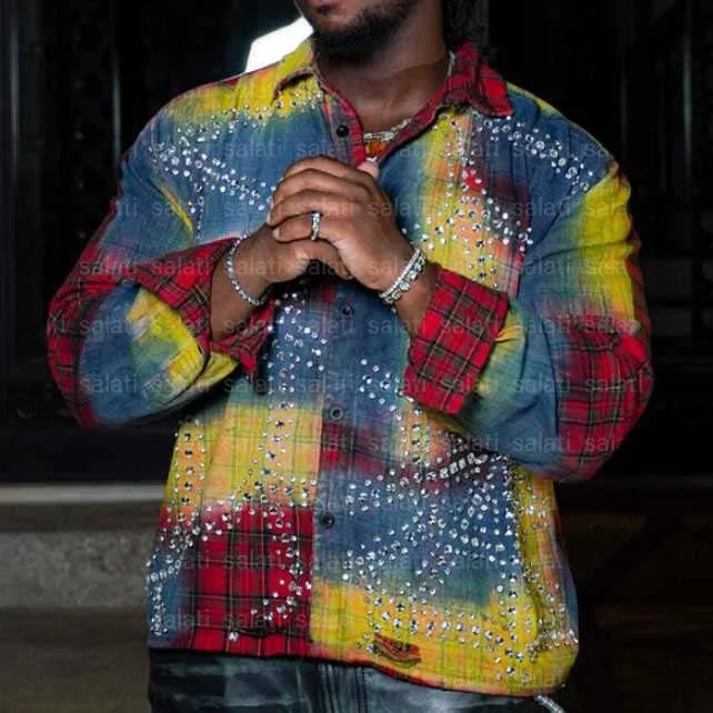 Salati Manufacturer Button up Polyester Acid Wash Vintage Check Plaid Flannel Shirt Rhinestone Print Long Sleeve T-shirt for Men gallery 2