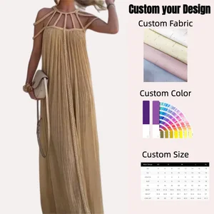 Wholesale Custom Gold Backless Maxi Dress with Cross Straps Off Shoulder Pleated Gown for Wedding Guest Party OEM