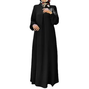 New Women's Plus Size Ethnic Style Loose Round Neck Plain Muslim Robe Long Sleeve Dress