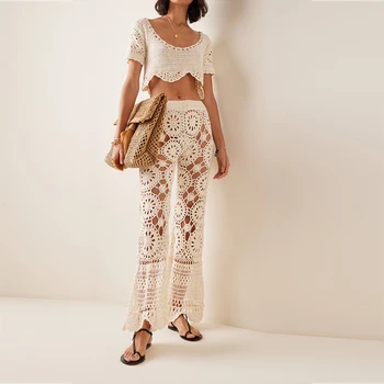 2024 Fashion Custom Women Quality Sweater Set Bunga Crocheted Cotton Pants and Top Set