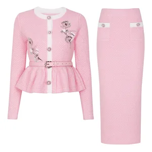 AELESEEN Designer Fashion Tweed Set Women Autumn Winter Temperament Slimming Sequined Coat + Midi Skirt Elegant Two-piece Set