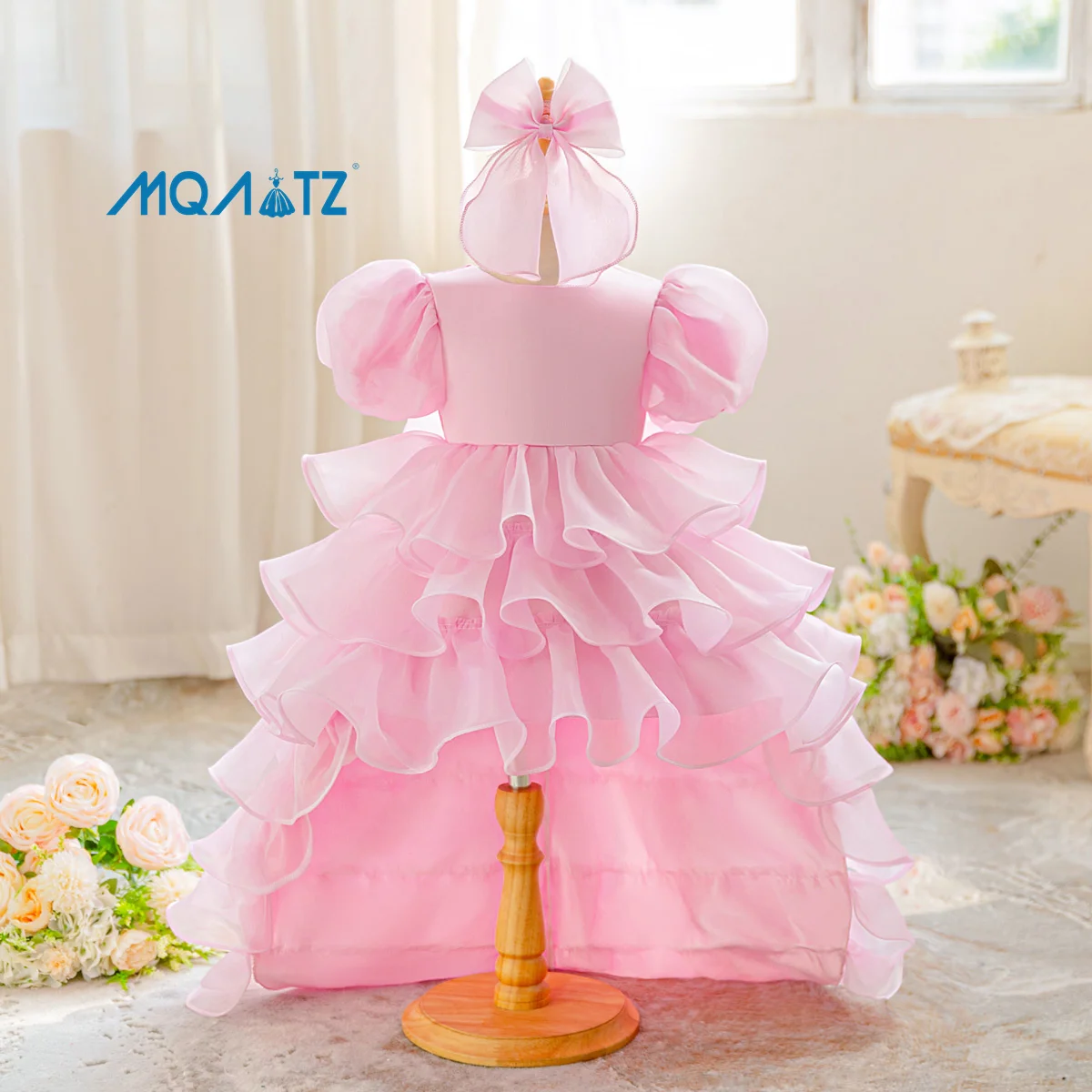 Flower Girl Dress for Weddings Kids' Formal Satin Ball Gown with Puffy Bow  O-Neck Princess Style for First Communion Parties