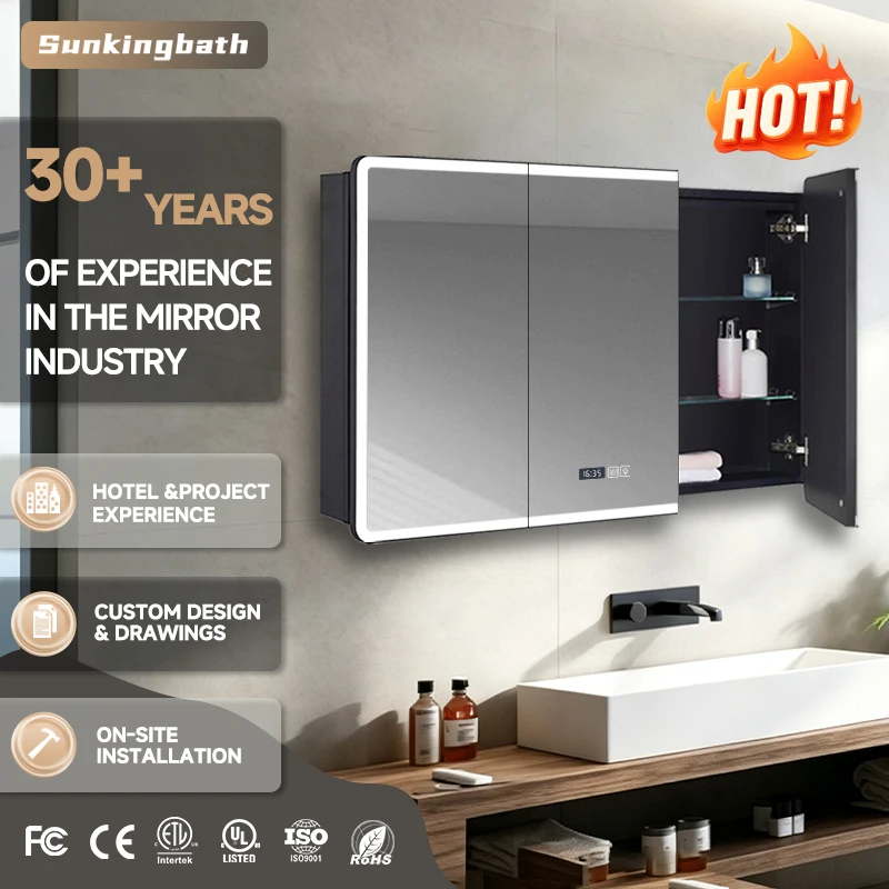 LED Mirror Cabinet Anti-Fog Wall Mounted Bathroom Storage Cabinet with Adjustable Shelves Aluminum Frame Smart Touch Dimmable