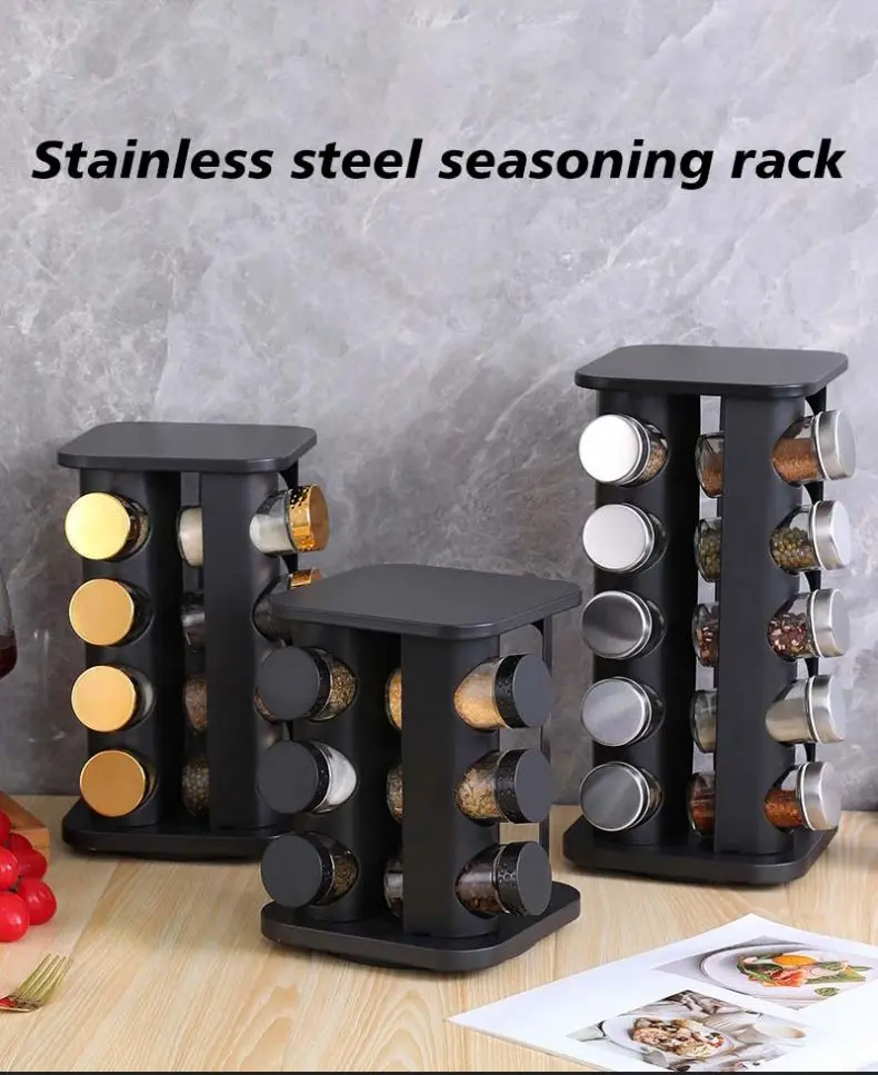 360 Degree Stainless Steel Rotating Spice Rack with 16 Jars Metal Kitchen Seasoning Storage Rack