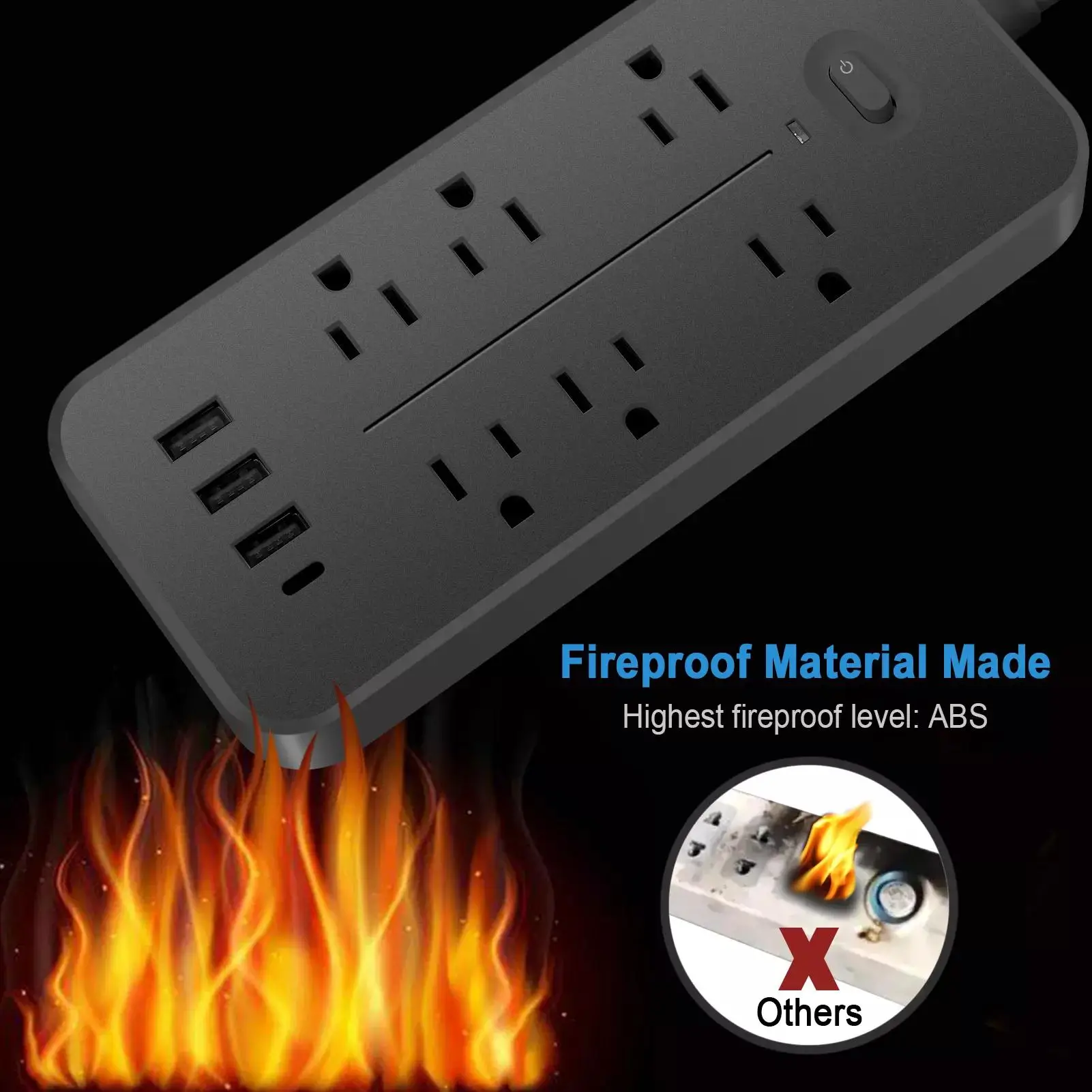 Newly Design 6 Ft 1.2m Universal 6 Outlet Usbc Surge Protector Power